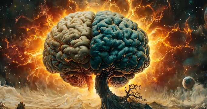 Static shot: A brain split in two halves forms a tree with roots in a surreal space landscape.