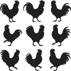 Fototapeta premium Rooster Silhouette Vector Bundle – 10 Black Icons – Crowing, Standing, Walking, Flapping, Perched, Running, Head Close-Up & More