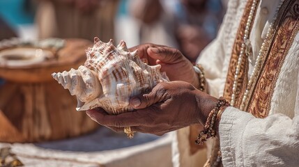 Person holding a conch shell with ornate clothing and jewelry in a religious or cultural setting