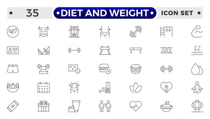 Diet and weight loss outline icon set. Gym and fitness web icon set. Containing healthy lifestyle, weight training, body care and workout or exercise equipment icons.