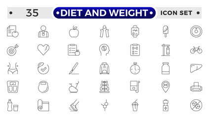 Diet and weight loss outline icon set. Gym and fitness web icon set. Containing healthy lifestyle, weight training, body care and workout or exercise equipment icons.