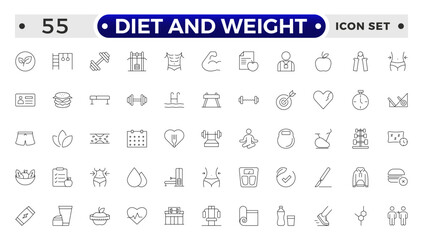Diet and weight loss outline icon set. Gym and fitness web icon set. Containing healthy lifestyle, weight training, body care and workout or exercise equipment icons.