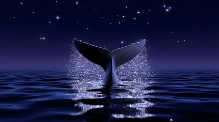 Fototapeta premium A majestic whale's tail emerges from the dark, reflective ocean, splashing stars into the celestial, night-time seascape.