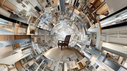 A unique artwork showcases a circular perspective of a traditional indoor setting. An isolated chair sits amidst a visually intriguing arrangement of furniture and decor