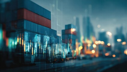 Shipping containers lined up at night, overlaid with financial charts.  City lights in the background