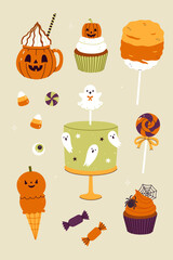 Set of cute sweets and treats in Halloween style. Vector graphics.