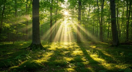 Fototapeta premium Sunlight streams through a lush forest