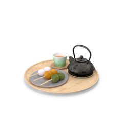 Japanese mochi and tea set isolated on transparent background