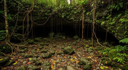 Lush Jungle Cave Entrance: Mysterious Tropical Landscape with Vines and Rock Formations