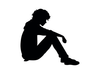 Silhouette of a Sad Teenager Sitting Down, silhouette of a young person sitting dejectedly, head bowed, and arms resting on their knees, pensive, thoughtful, sitting, profile, young adult, illustratio