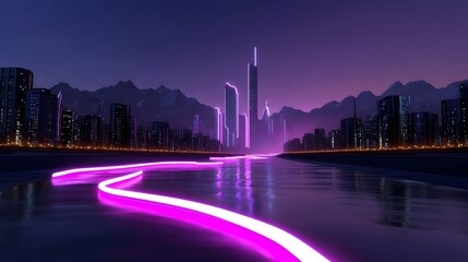 Obraz premium A futuristic urban landscape with glowing neon-colored buildings and a winding river illuminated with vibrant lights, creating a stunning and visually captivating scene.