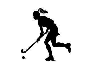 Female field hockey player in action, silhouette, silhouette of a female field hockey player in action, striking a powerful pose while in mid-movement with the hockey stick and ball, female athlete, f