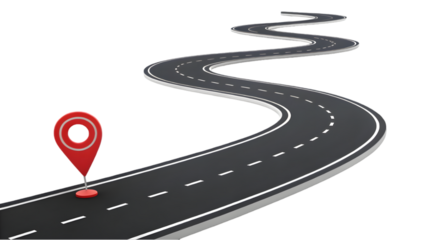 3d road map with pin marker isolated on white