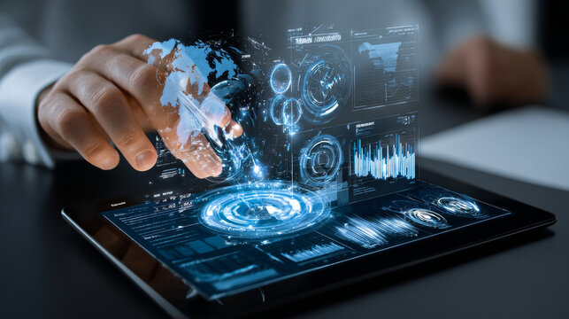 Machine learning specialist using a tablet with a digital interface overlay showing data patterns, algorithm models, and technology graphs predictive analysis, neural networks, data visualization.
