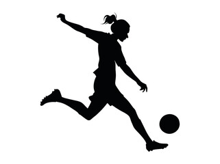 Female Soccer Player in Dynamic Action Silhouette, silhouette of a female soccer player executing a powerful kick, women's football, soccer action, athletic, sports design, soccer illustration, sports