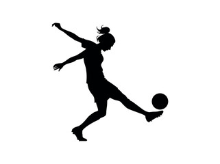 Female Soccer Player in Dynamic Action Silhouette, silhouette of a female soccer player executing a powerful kick, women's football, soccer action, athletic, sports design, soccer illustration, sports