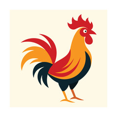 Vibrant illustration of a rooster in a flat design style with a warm color palette