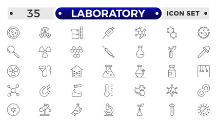 Laboratory outline icon set. Chemistry doodle illustration including icons. Containing experiment, test tube, microscope, flask, chemical, biology, research, lab and more.