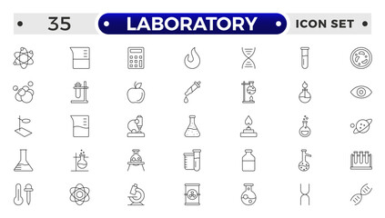 Laboratory outline icon set. Chemistry doodle illustration including icons. Containing experiment, test tube, microscope, flask, chemical, biology, research, lab and more.