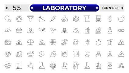 Laboratory outline icon set. Chemistry doodle illustration including icons. Containing experiment, test tube, microscope, flask, chemical, biology, research, lab and more.