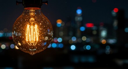 Illuminated vintage bulb against a cityscape at night