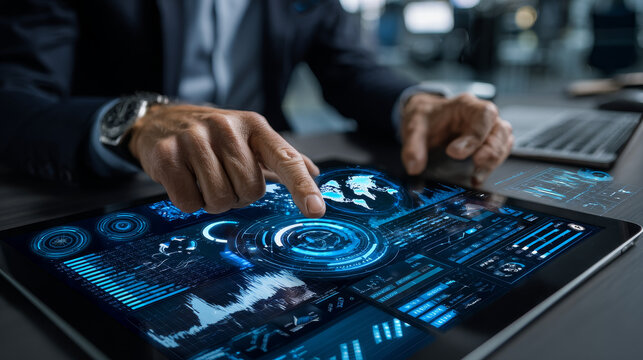 Machine learning specialist using a tablet with a digital interface overlay showing data patterns, algorithm models, and technology graphs predictive analysis, neural networks, data visualization.