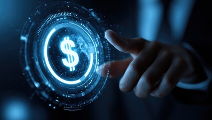 Hand interacting with a glowing dollar sign interface (1)