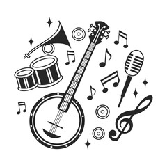 Banjo musical instrument in monochrome style isolated on white background vector illustration. Banjo, stringed acoustic wooden banjo. banjo icon silhouette vector art illustration.