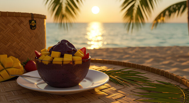 Tropical acai bowl with mango and strawberries at sunset beach picnic setting.