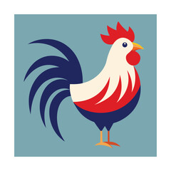 Colorful rooster illustration with geometric shapes standing proudly on a light blue background