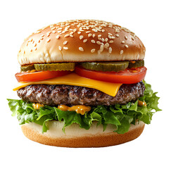 A classic hamburger with sesame bun and fresh toppings, isolated on transparent background.