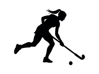 Female field hockey player in action, silhouette, silhouette of a female field hockey player in action, striking a powerful pose while in mid-movement with the hockey stick and ball, female athlete, f