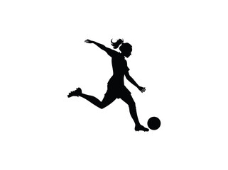 Female Soccer Player in Dynamic Action Silhouette, silhouette of a female soccer player executing a powerful kick, women's football, soccer action, athletic, sports design, soccer illustration, sports