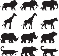 Wild Animal Silhouette Vector Bundle – 10 Black Icons – Lion, Elephant, Tiger, Giraffe, Cheetah, Rhino, Gorilla, Bear, Crocodile, and Wolf