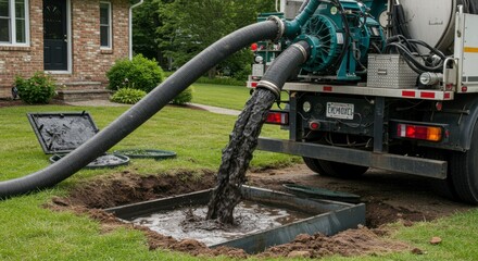 Wastewater disposal truck emptying septic tank