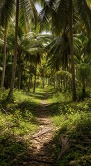 Lush Tropical Forest Trail: A Path Through Dense Palm Trees Landscape