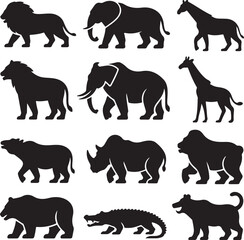 Wild Animal Silhouette Vector Bundle – 10 Black Icons – Lion, Elephant, Tiger, Giraffe, Cheetah, Rhino, Gorilla, Bear, Crocodile, and Wolf