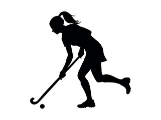 Female field hockey player in action, silhouette, silhouette of a female field hockey player in action, striking a powerful pose while in mid-movement with the hockey stick and ball, female athlete, f