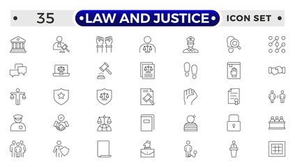 Law and Justice outline icon set. Court icon set. Containing Investigation, law, judgment, criminal, justice law, court legal, lawyer, criminal, prison and more.