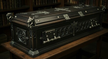 Ornate dark wood coffin with gothic accents, metallic hardware, and gargoyle handles.  Rests on a dark wood surface