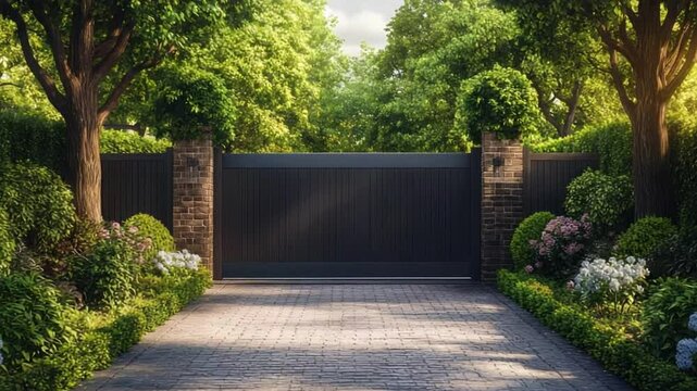 Luxurious driveway entrance with a dark modern gate and lush landscaping