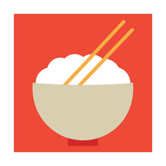 Simple illustration of a bowl of white rice with chopsticks on a red background