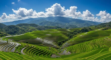 Lush terraced rice paddies, a stunning mountain landscape