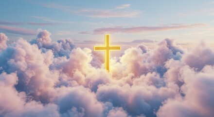 Golden cross above clouds at sunrise