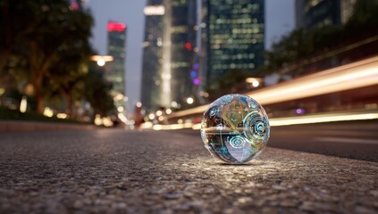 Crystal sphere on city street at night