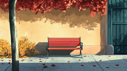 A view of a bench in front of a building wall in the morning
