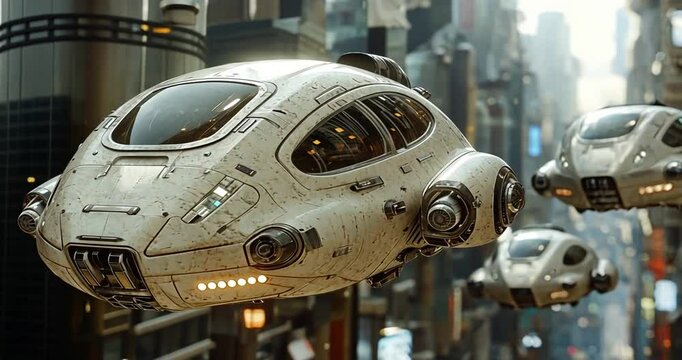 Futuristic personal flying vehicles in a city environment.