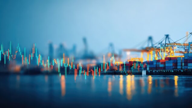 Shipping container port with overlaid stock market chart - Powered by Adobe