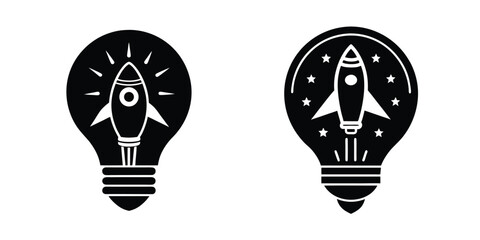 Light Bulb With Rocket Orbit Symbolizing Launch Ideas Isolated on White Background