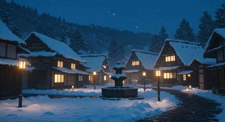 Snowy village at night, charming houses with warm lights, snow-covered roofs, and a fountain